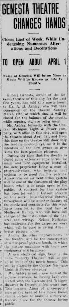 Regent Theater - Alma Record Mar 14 1918